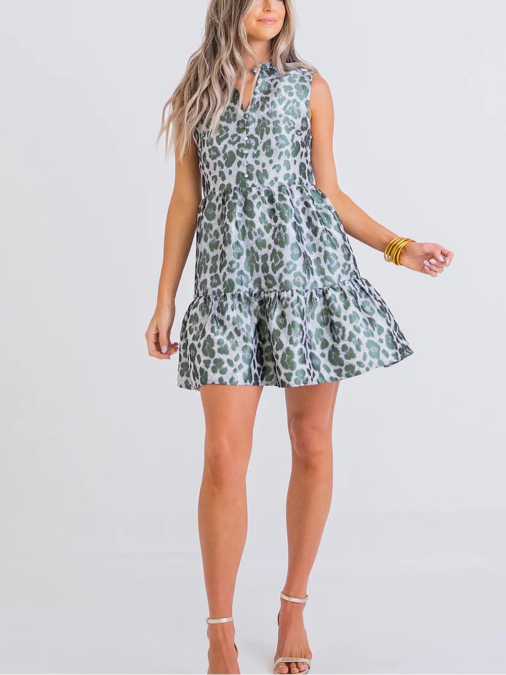 NWOT Karlie Green Leopard Tiered Tapestry Mini Dress Size Medium